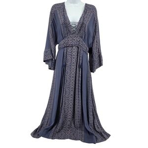 Free People Modern Kimono Maxi Dress Boho V‎ Neck Blue Lace Up Tassels Size 4